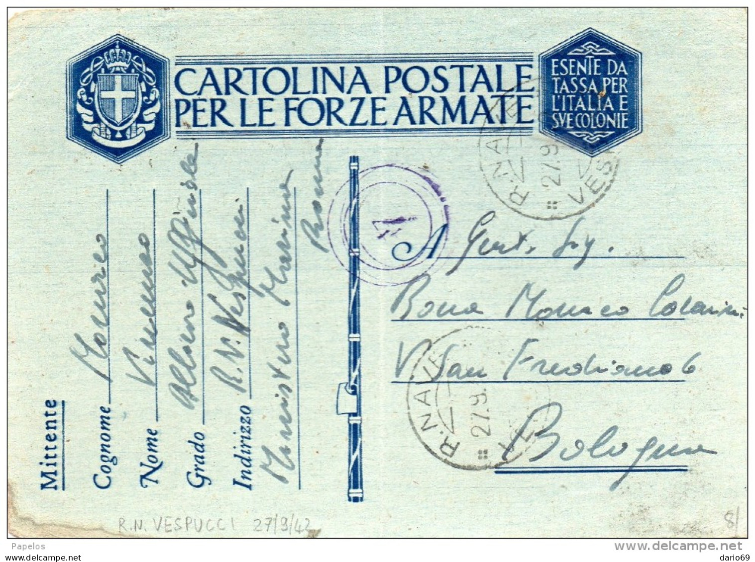 1942 CARTOLINA CON ANNULLO   R. NAVE AMERIGO VESPUCCI + VERIFICATO - Guerre 1939-45