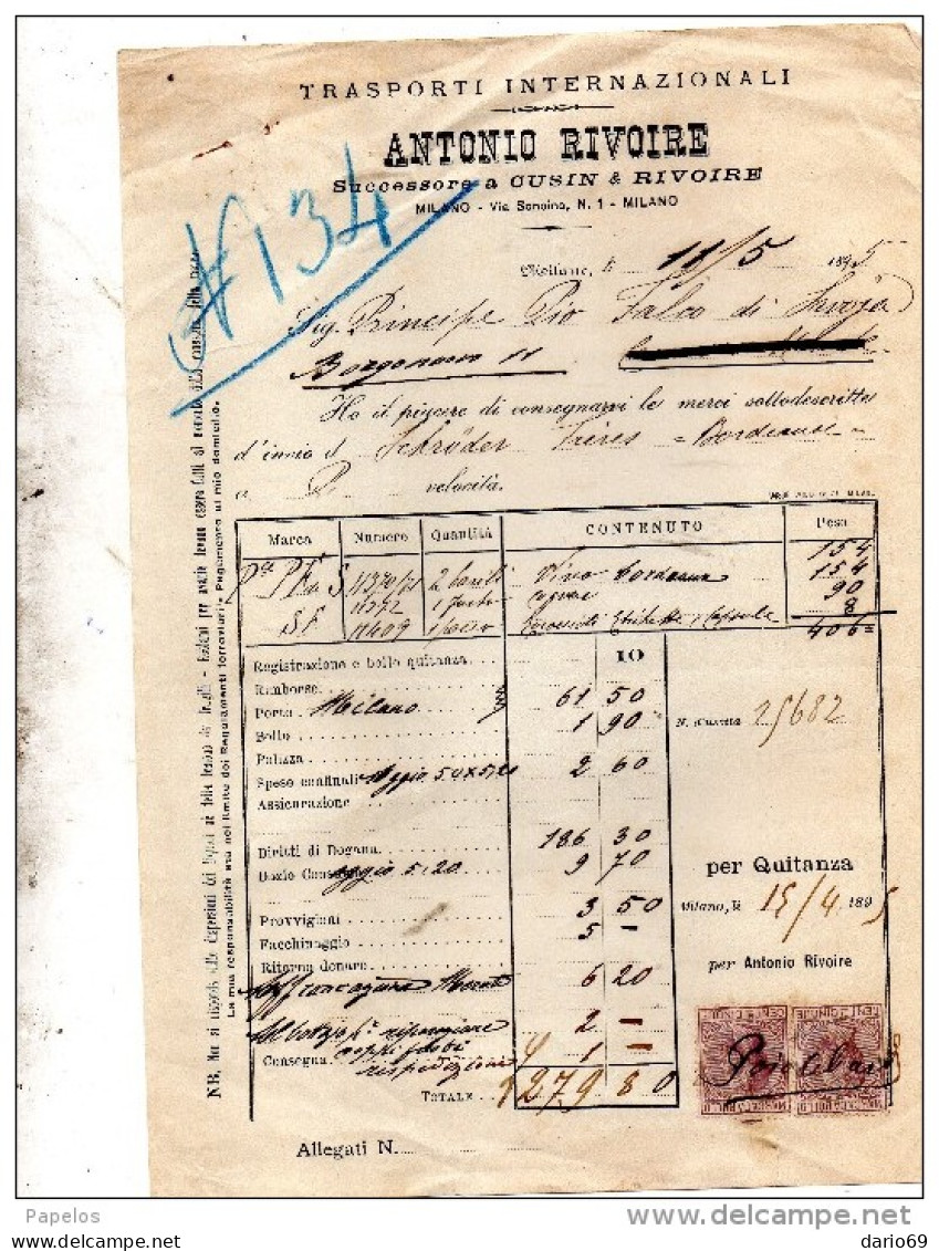 1895 MILANO ANTONIO RIVOIRE TRASPORTI INTERNAZIONALI - Italie