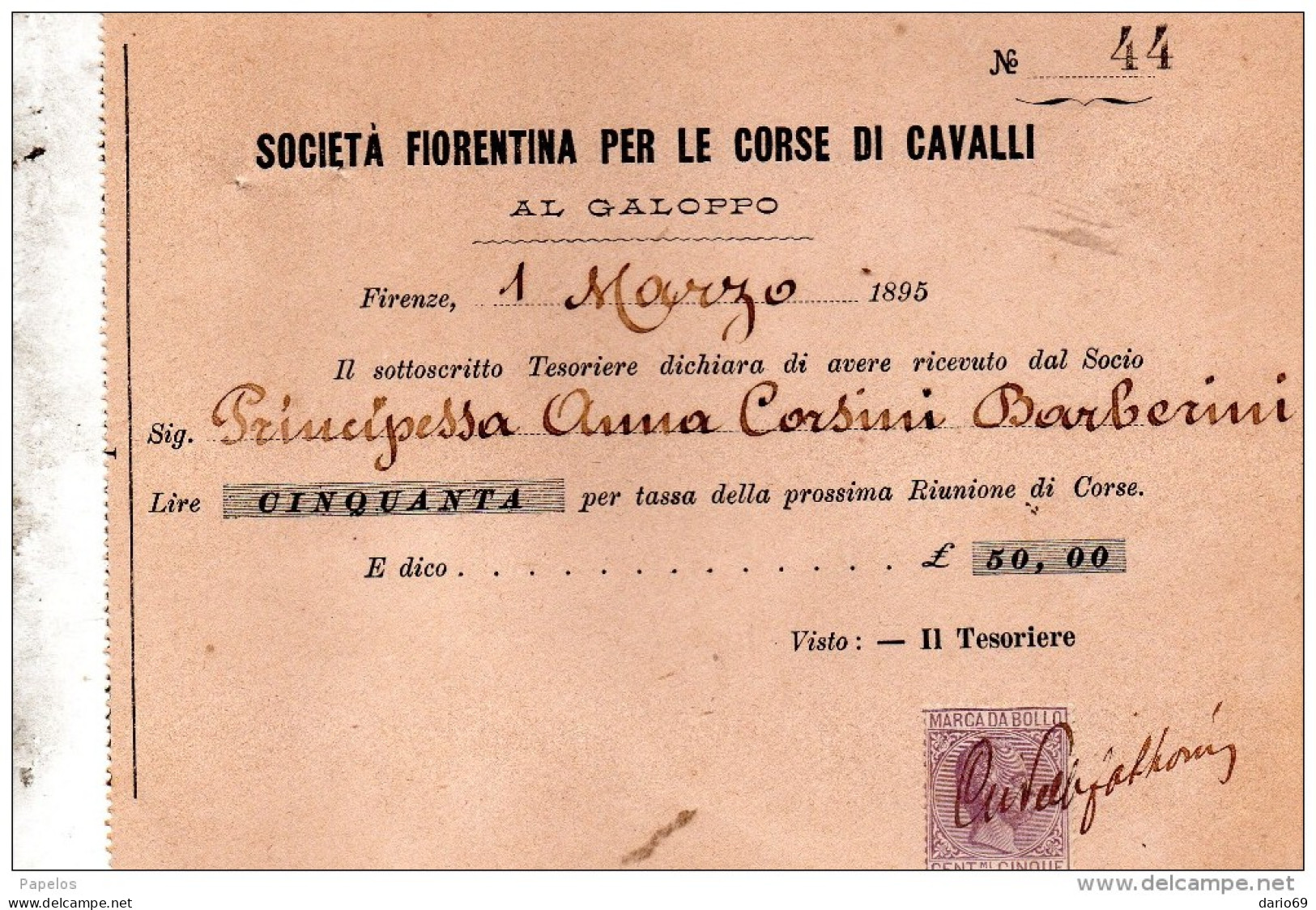 1895 SOCIETÀ FIORENTINA PER LE CORSE DI CAVALLI AL GALOPPO - Italie
