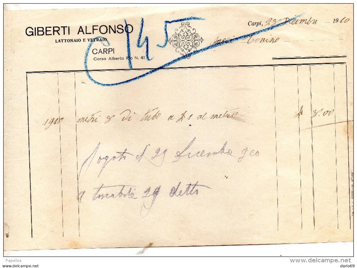 1910 CARPI - GIBERTI ALFONSO LATTONAIO E VETRAIO - Italien