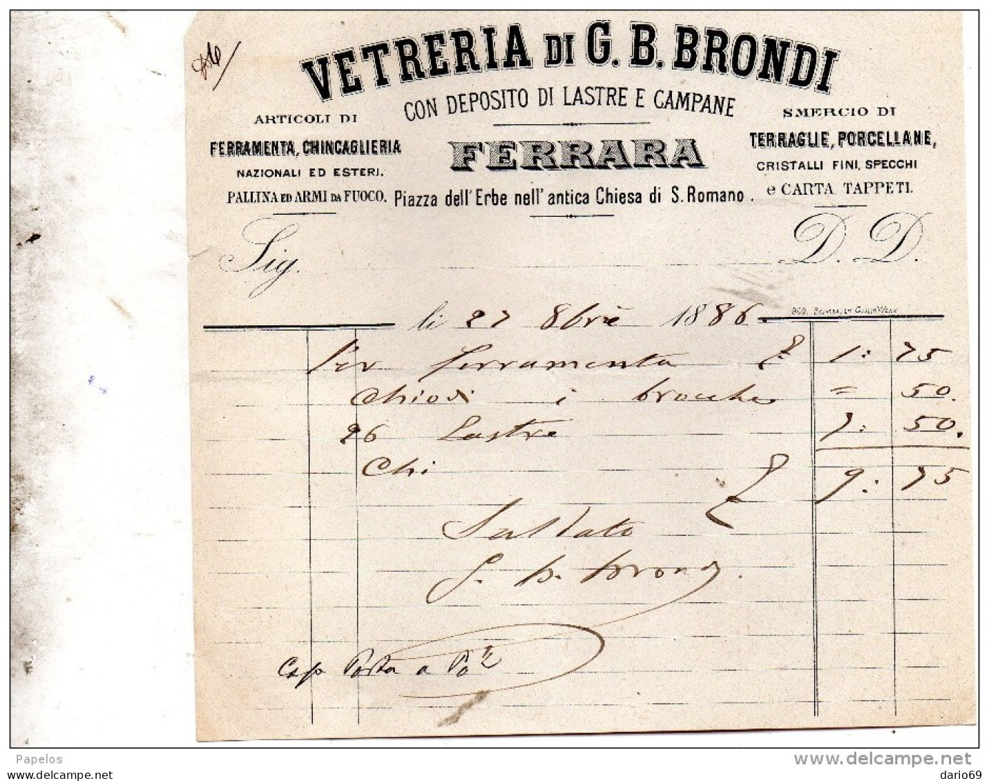 1886 FERRARA VETRERIA CON DEPOSITO DI LASTRE E CAMPANE - Italy