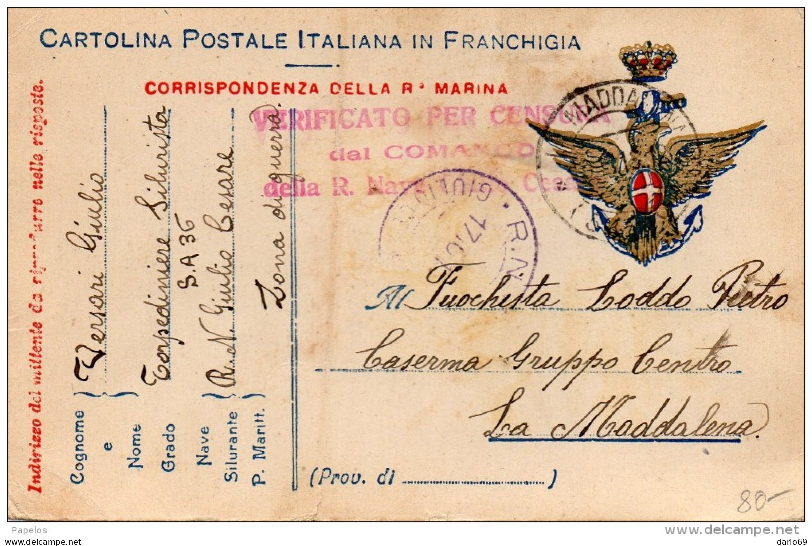 1916 CARTOLINA CON ANNULLO NAVE GIULIO CESARE  + VERIFICA PER CENSURA - Guerre 1914-18
