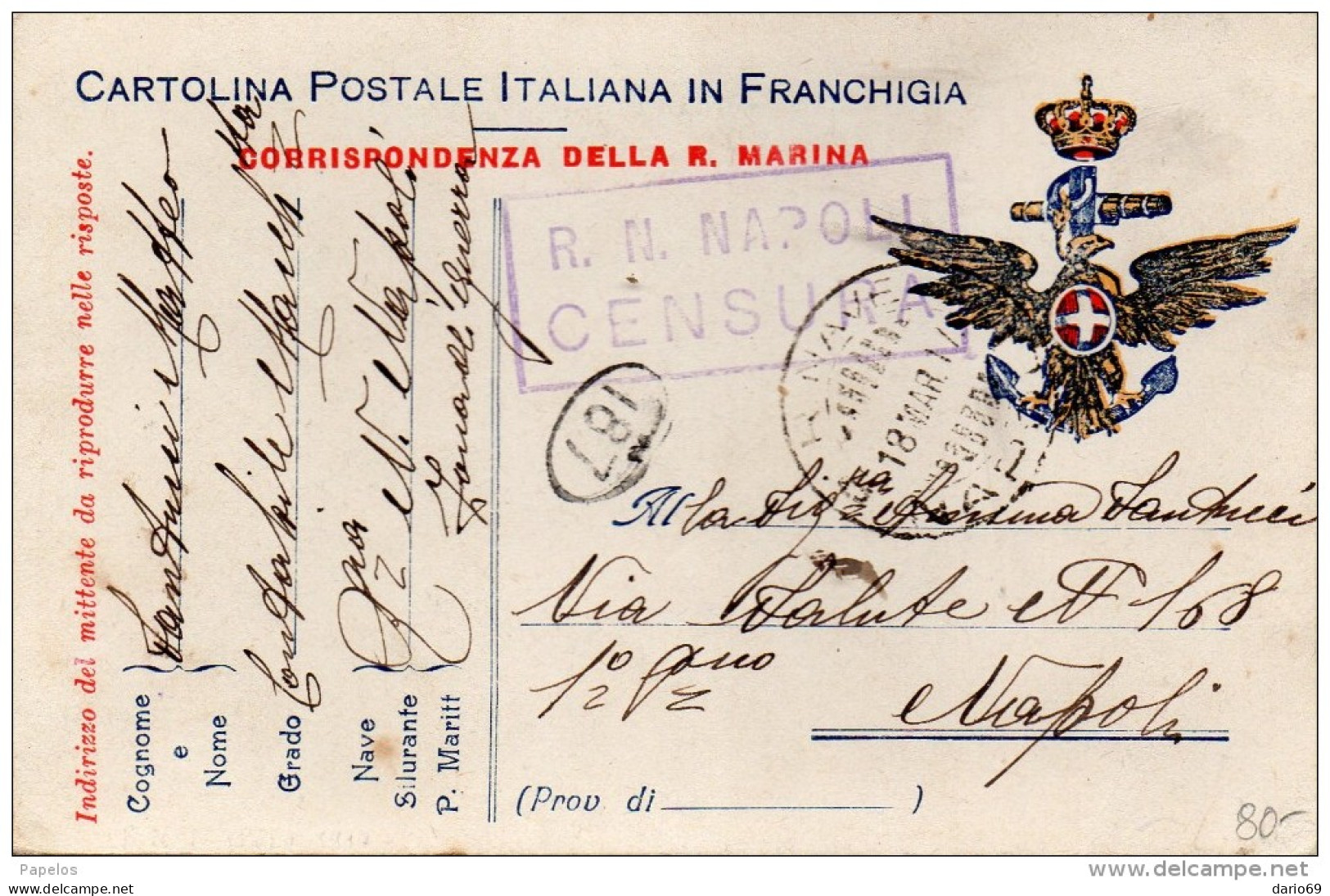 1917 CARTOLINA CON ANNULLO NAVE NAPOLI   + VERIFICA PER CENSURA - Guerre 1914-18