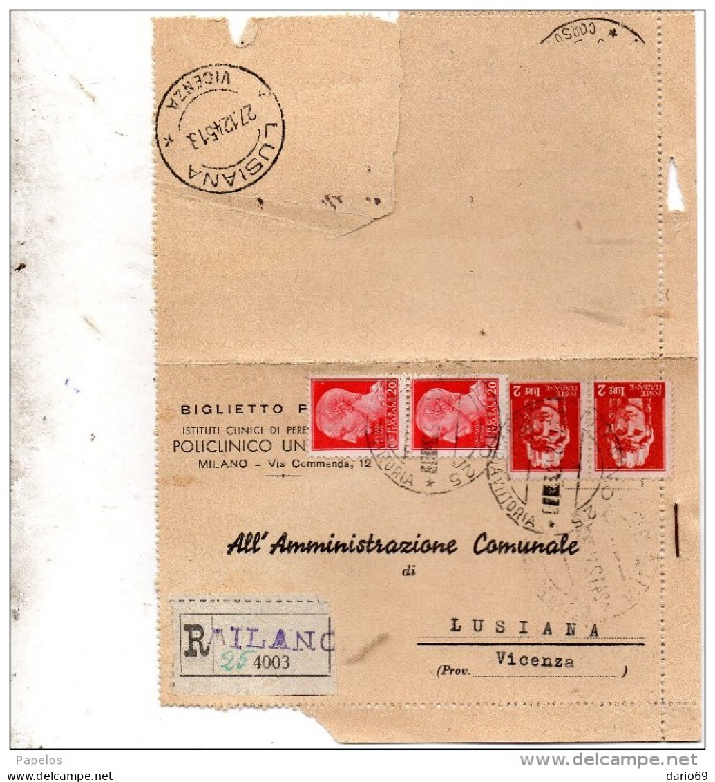 1945    LETTERA  RACCOMANDATA CON ANNULLO MILANO - Poststempel