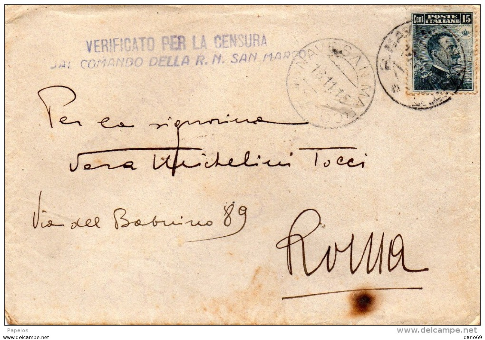 1915 LETTERA CON ANNULLO R.NAVE SAN MARCO   + VERIFICATO PER CENSURA - Marcophilie