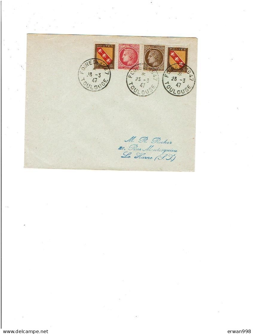 31 TOULOUSE  Cachet Manuel Du 23/3/1947 Foire De Toulouse S/ Blason Lorraine & Cérès 2fr 50   (1306) - Gedenkstempel