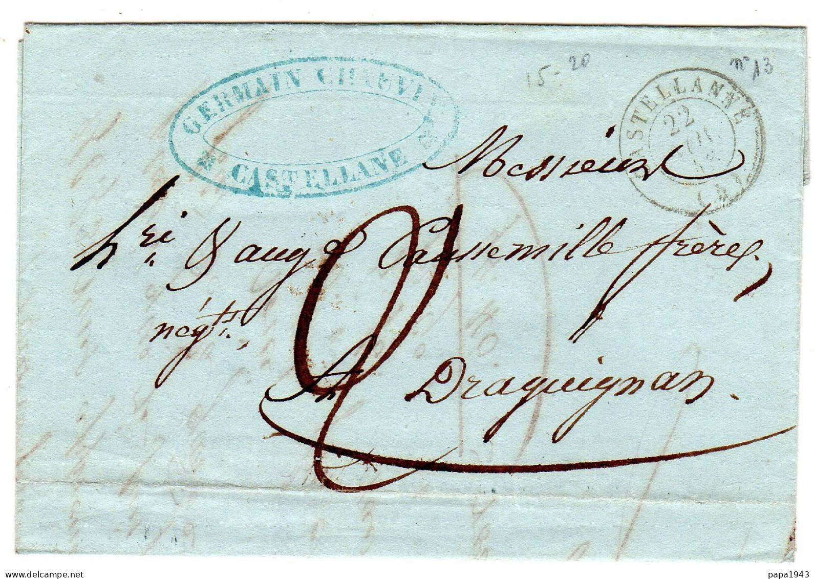1846  CAD T 15 De CASTELLANNE  Repiquage " Germain CHAUVIN "  Envoyée à DRAGUIGNAN - 1801-1848: Précurseurs XIX