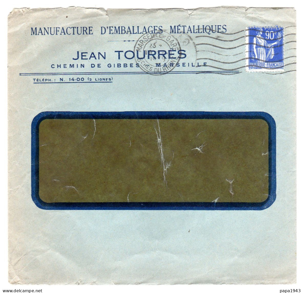 1939  " Jean TOURRES  Chemin De Gibbes à MARSEILLE "  Manufacture D' Emballages Métalliques - Briefe U. Dokumente