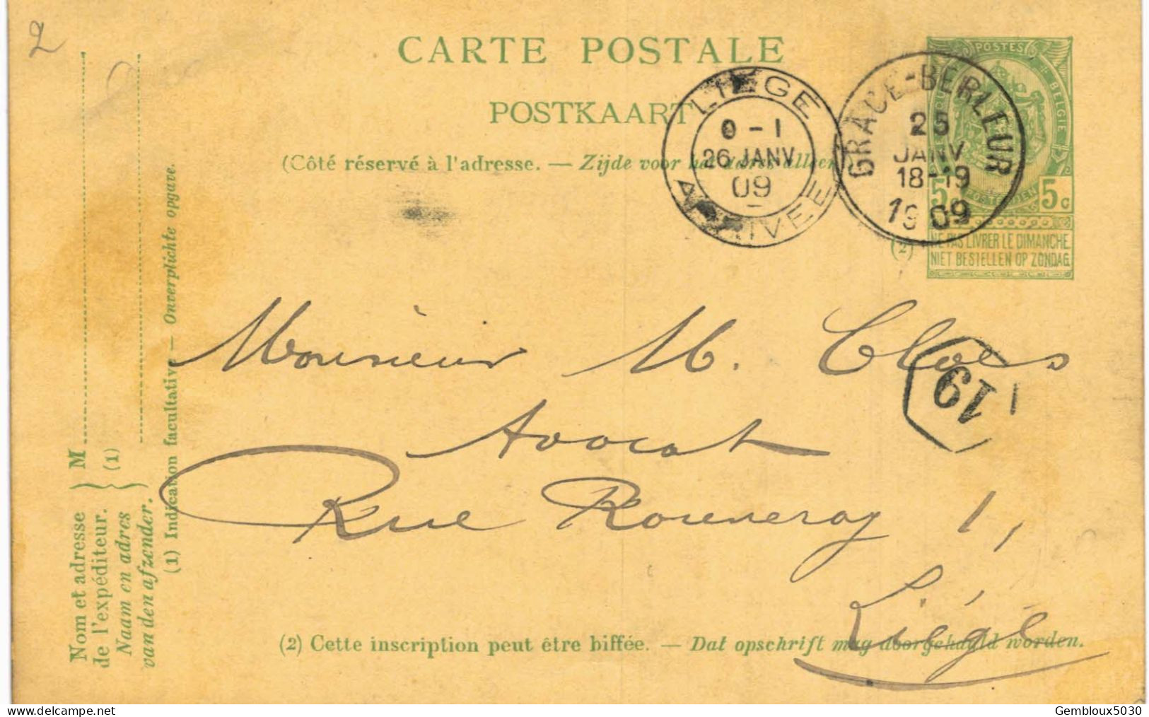 (Lot 02) Entier Postal  N° 53 écrit De Grace-Berleur Vers Liège - Postcards 1871-1909