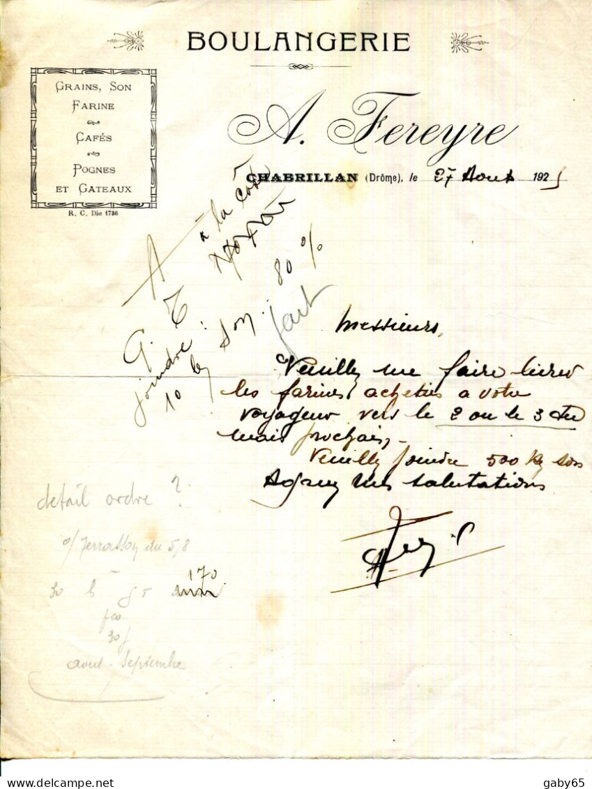 FACTURE.26.DRÔME.CHABRILLAN.GRAINS.SON.FARINE.POGNES & GATEAUX.BOULANGERIE A.FEREYRE. - Lebensmittel