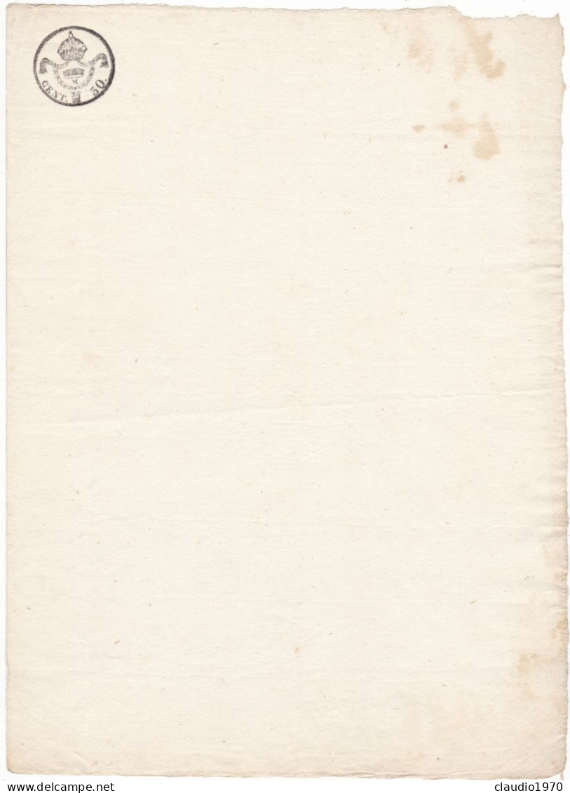 DOCUMENTO  STORICO  - CARTA BOLLATA  CENT. 30 - NON USATA - BETTELINI -1838 - Historical Documents