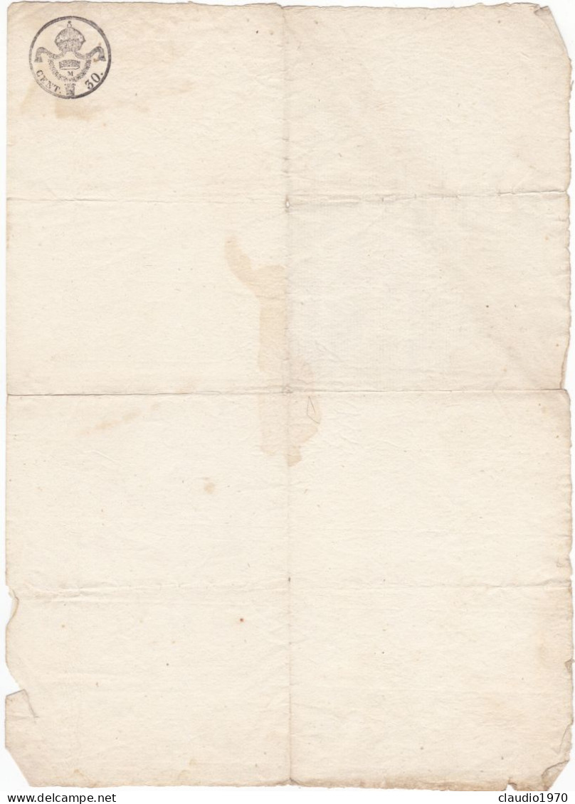 DOCUMENTO  STORICO  - CARTA BOLLATA  CENT. 30 - NON USATA - BETTELINI -1834 - Documents Historiques