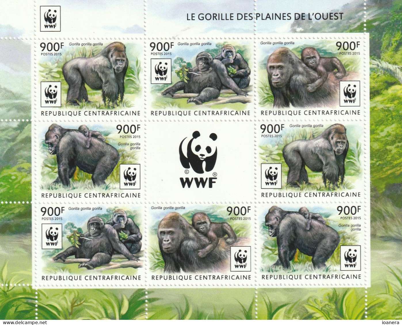 Central African Republic 2015 - WWF , Fauna , Monkeys , Gorillas ,Block 8+1 Values , Perforated , MNH ,Mi.5460-5463KB II - Centrafricaine (République)