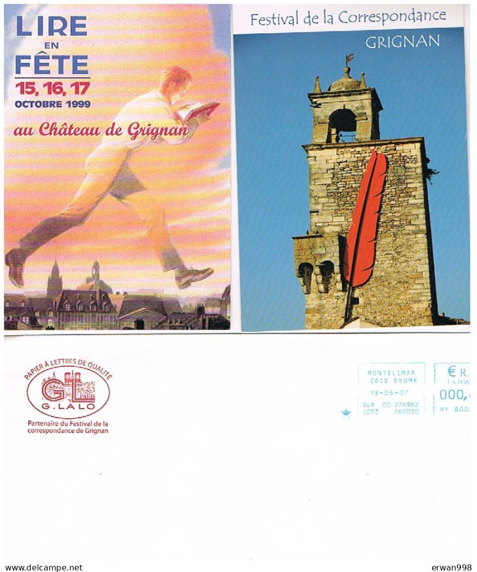 26 GRIGNAN 2 Cartes (ss Mention Cpa) "lire En Fête & Festival De La Correspondance" & 1 EMA Partenaire 1311 - Exhibitions