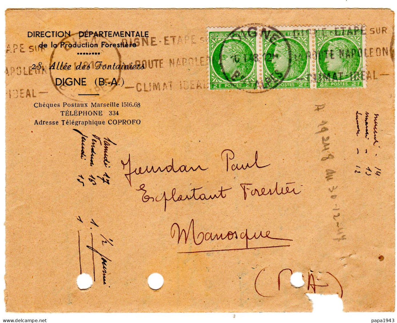 1948  " Direction De La PRODUCTION FORESTIERE à DIGNE " Bloc De  3 Mazelin 3f Vert Envoyée à MANOSQU - Covers & Documents