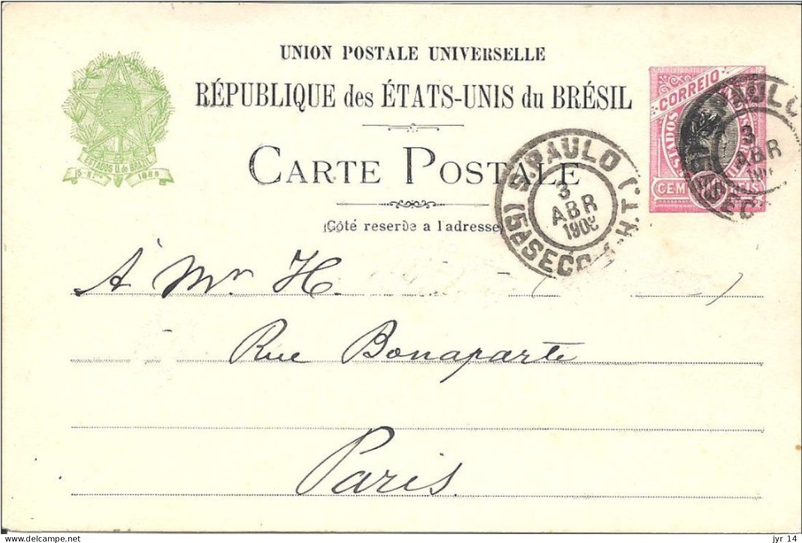 1908 De Sao Paulo Pour Paris - Entiers Postaux