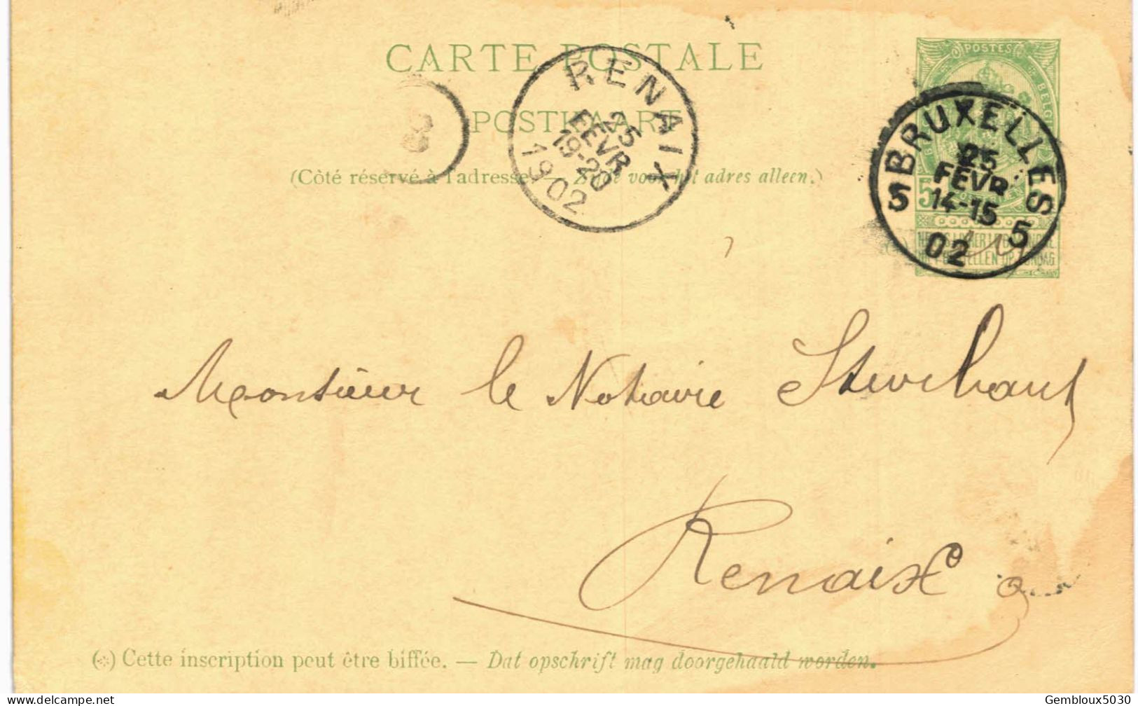 (Lot 02) Entier Postal  N° 53 écrit De Bruxelles Vers Renaix - Cartes Postales 1871-1909