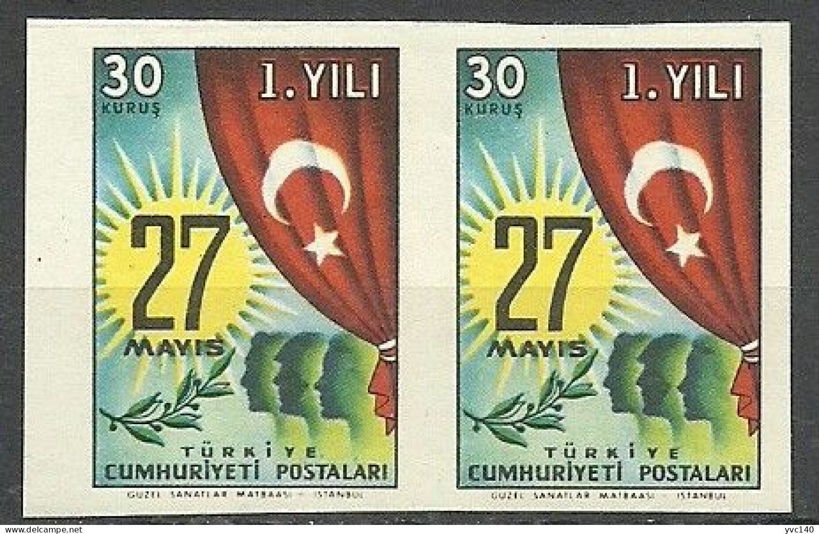 Turkey; 1961 1st Anniv. Of 27 May Revolution 30 K. ERROR "Imperf. Pair" - Unused Stamps