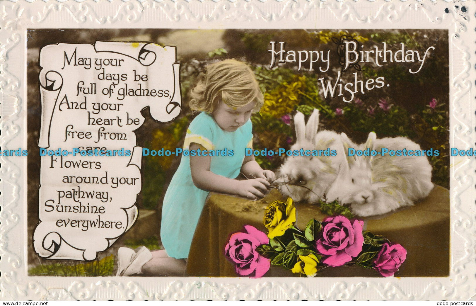 R002797 Greeting Postcard. Happy Birthday Wishes. Girl With Bunny. Milton. RP. 1 - Monde