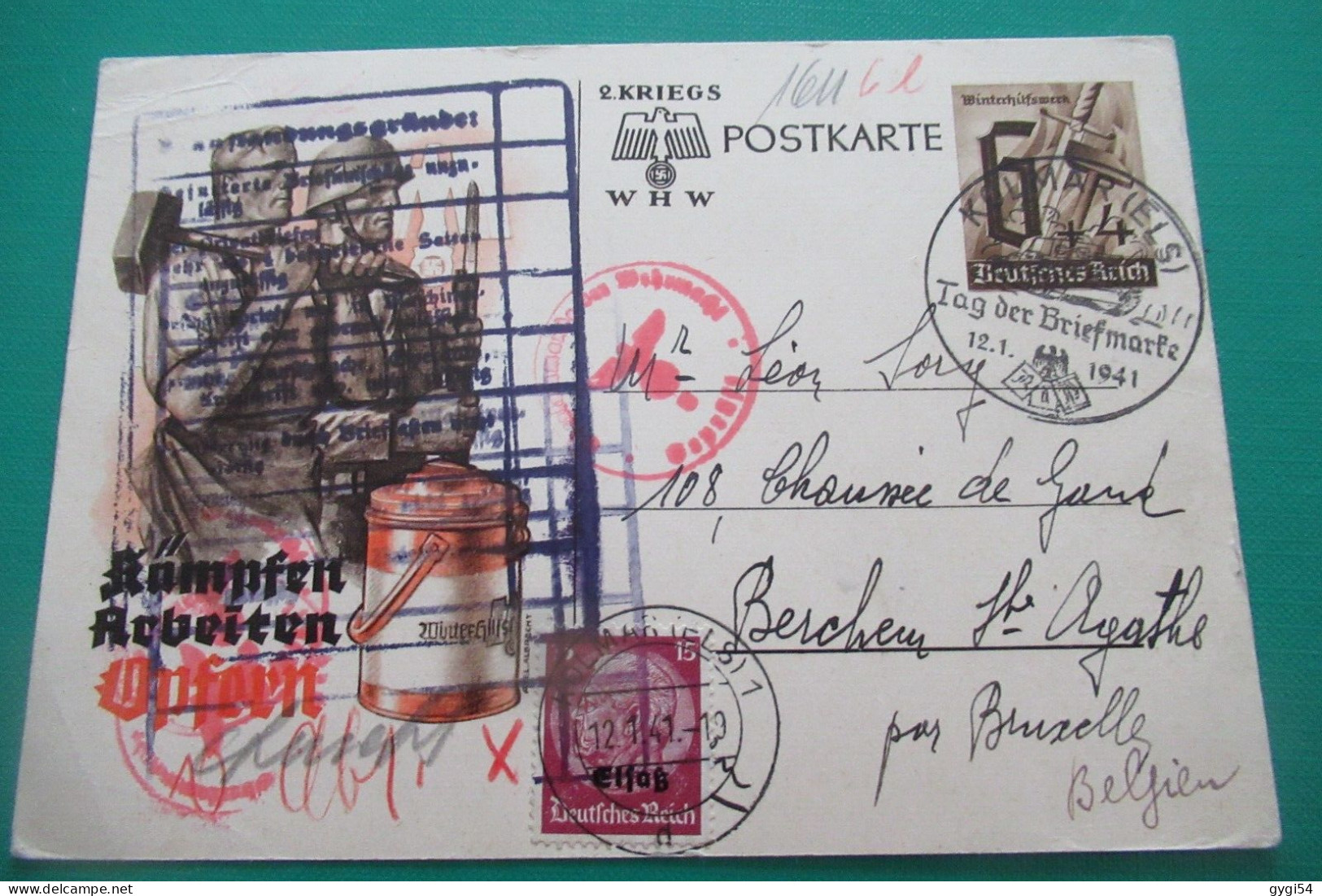 IIIe Reich Journée Du Timbre 1941 Entier Postal Censuré Avec Complément - Tarjetas