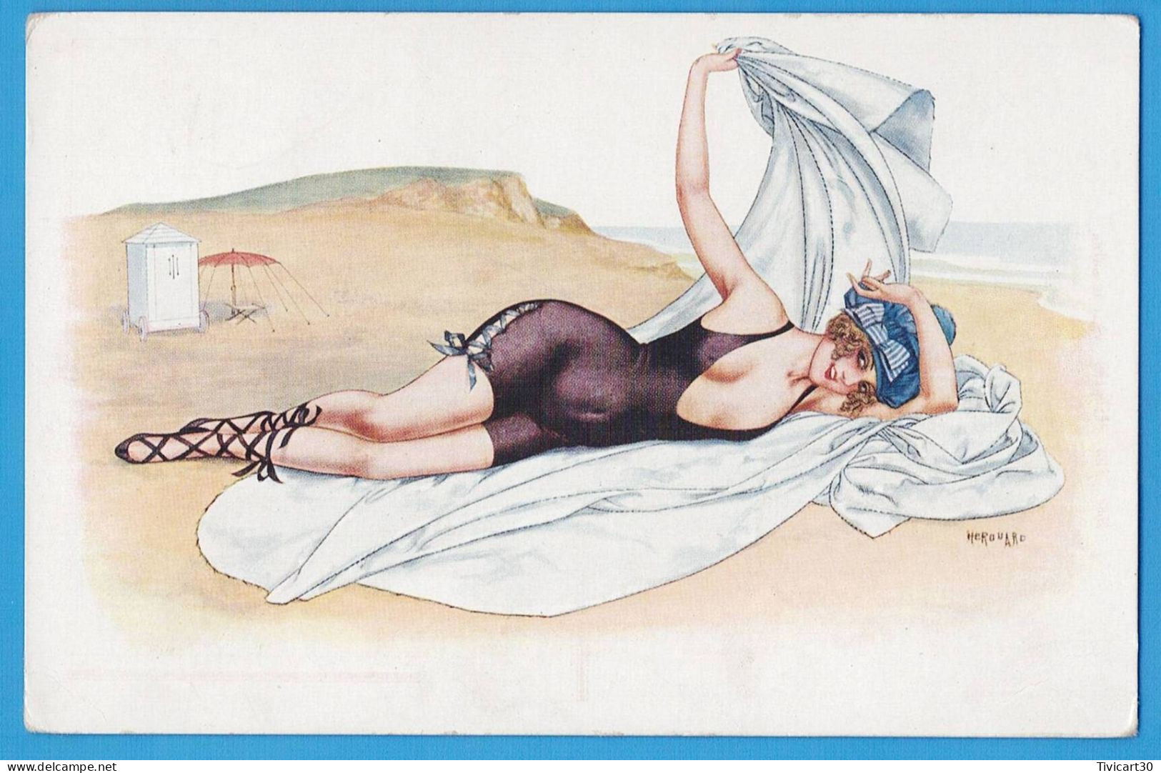 CPA ILLUSTRATEUR SIGNE HEROUARD - 2583 "SUR LE SABLE" - JEUNE FEMME EN MAILLOT DE BAIN - Sonstige & Ohne Zuordnung