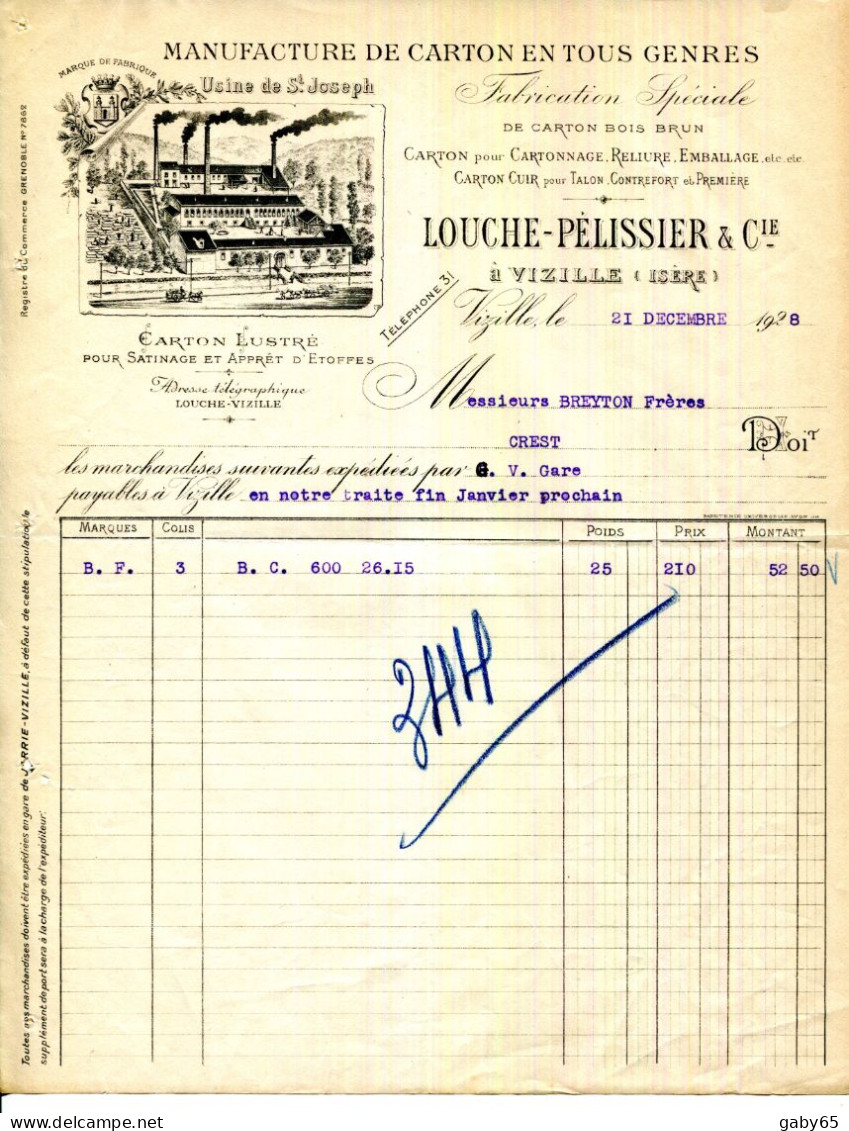 FACTURE.38.ISÈRE.VIZILLE.MANUFACTURE DE CARTONS EN TOUS GENRES.LOUCHE-PÉLISSIER. - Imprimerie & Papeterie