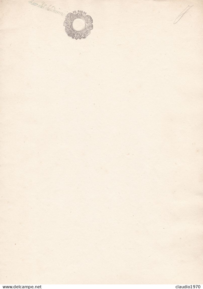 DOCUMENTO  STORICO  - CARTA BOLLATA  12 SOLDI - NON USATA - MILANO -1859 - Historical Documents