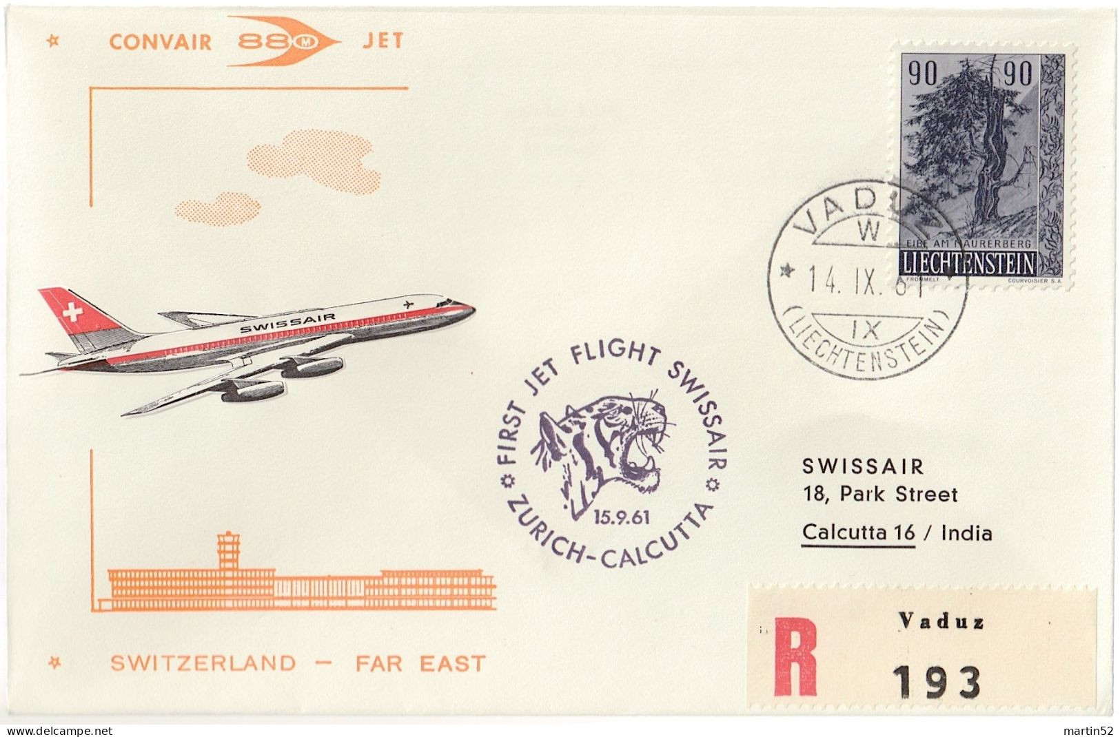 Liechtenstein 1961: FIRST JET FLIGHT SWISSAIR ZURICH-CALCUTTA  Zu 317 Mi 373 Yv 335 ⊙ VADUZ 14.IX.61 (Zu CHF 15.00) - Air Post