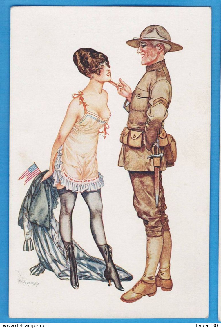 CPA ILLUSTRATEUR SIGNE HEROUARD - 2715 "FRIVOLITES" - JEUNE FEMME EN NUISETTE, SEINS DENUDES AVEC MILITAIRE - Autres & Non Classés