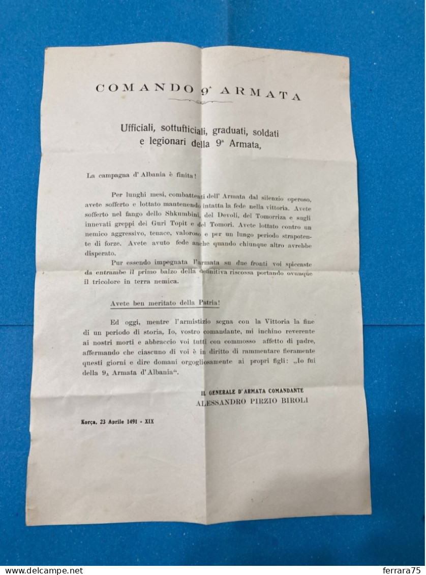 VOLANTINO PROPAGANDA CAMPAGNA D'ALBANIA COMANDO 9°ARMATA KORCA ARMISTIZIO 1941. - Documents