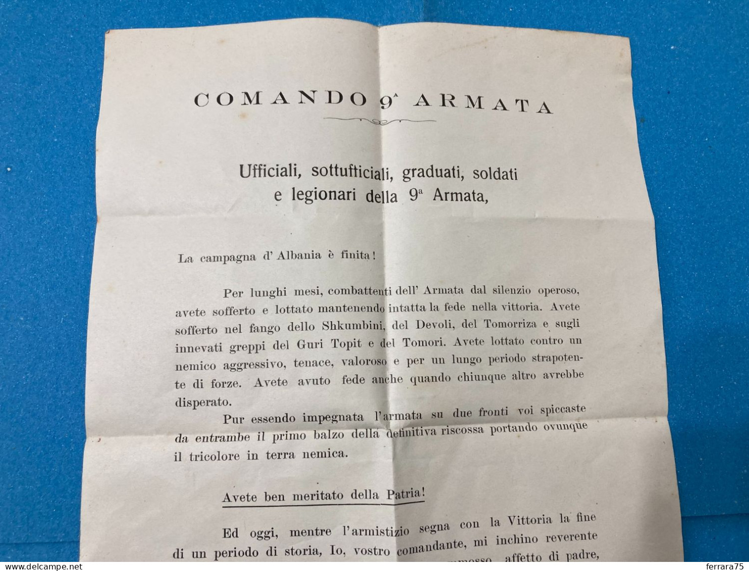 VOLANTINO PROPAGANDA CAMPAGNA D'ALBANIA COMANDO 9°ARMATA KORCA ARMISTIZIO 1941. - Documents