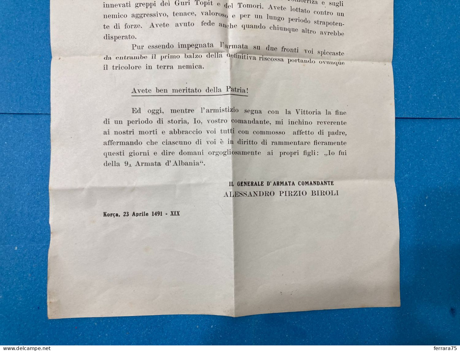 VOLANTINO PROPAGANDA CAMPAGNA D'ALBANIA COMANDO 9°ARMATA KORCA ARMISTIZIO 1941. - Documents