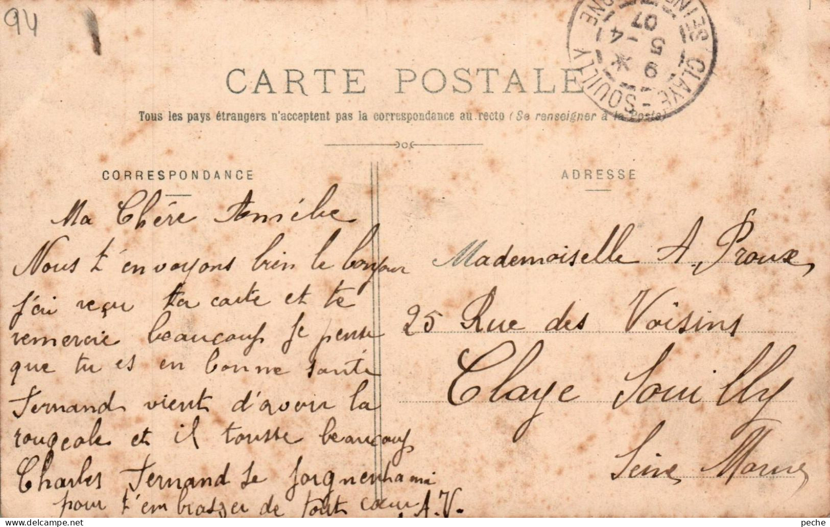 N°2921 W -cachet Convoyeur La Varenne à Paris -1907- - Correo Ferroviario