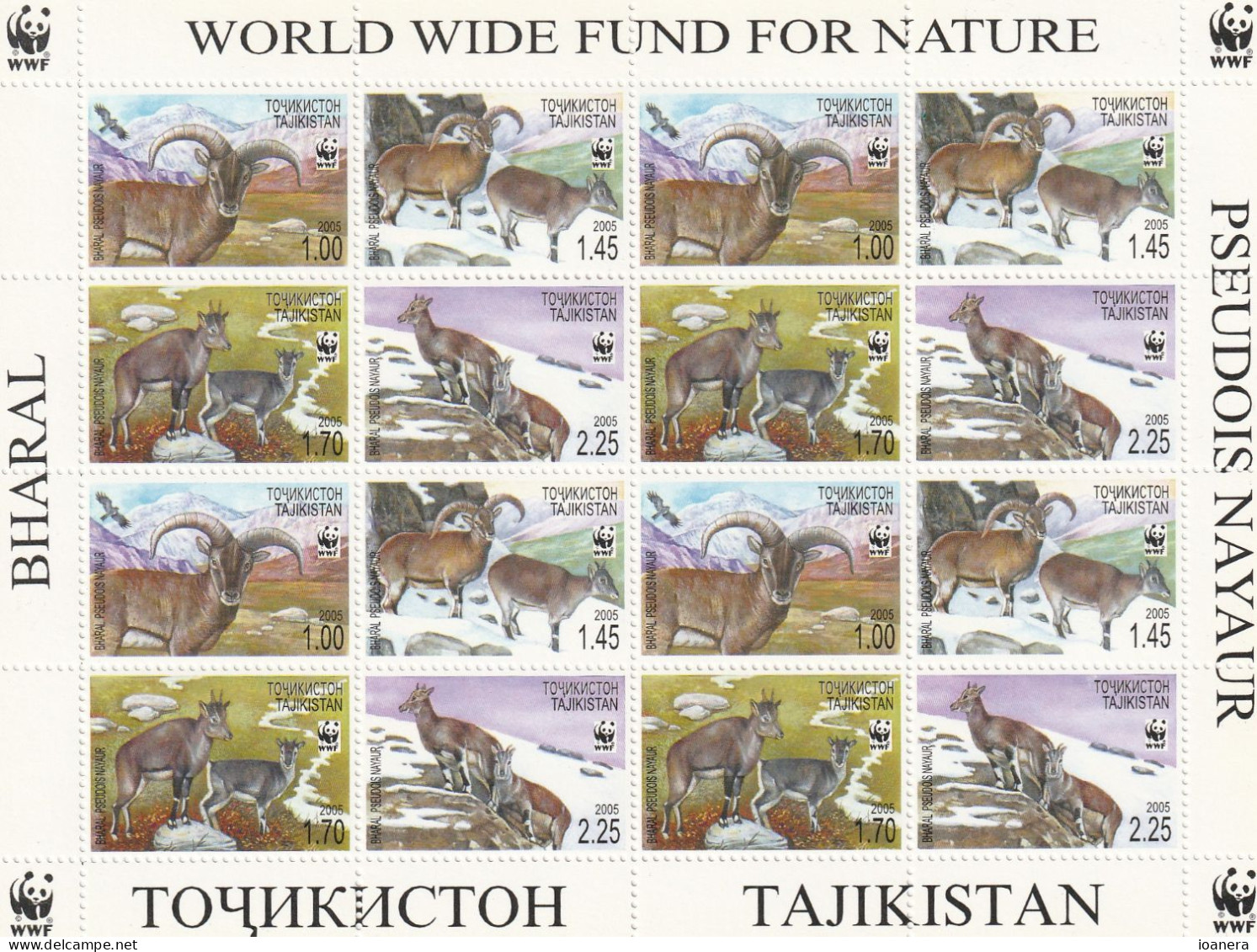 Tajikistan 2005 - WWF , Fauna , Sheep , Bharal , Block 16 Values , Perforated , MNH ,Mi.392A-395A - Tadjikistan