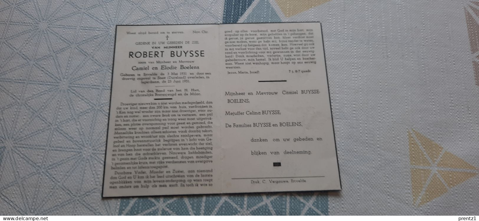Robert Buysse Geb.Ertvelde 3/05/1931- Zoon Van Boelens - Gest. Ongeval Legerdienst 23/06/1951 - Images Religieuses