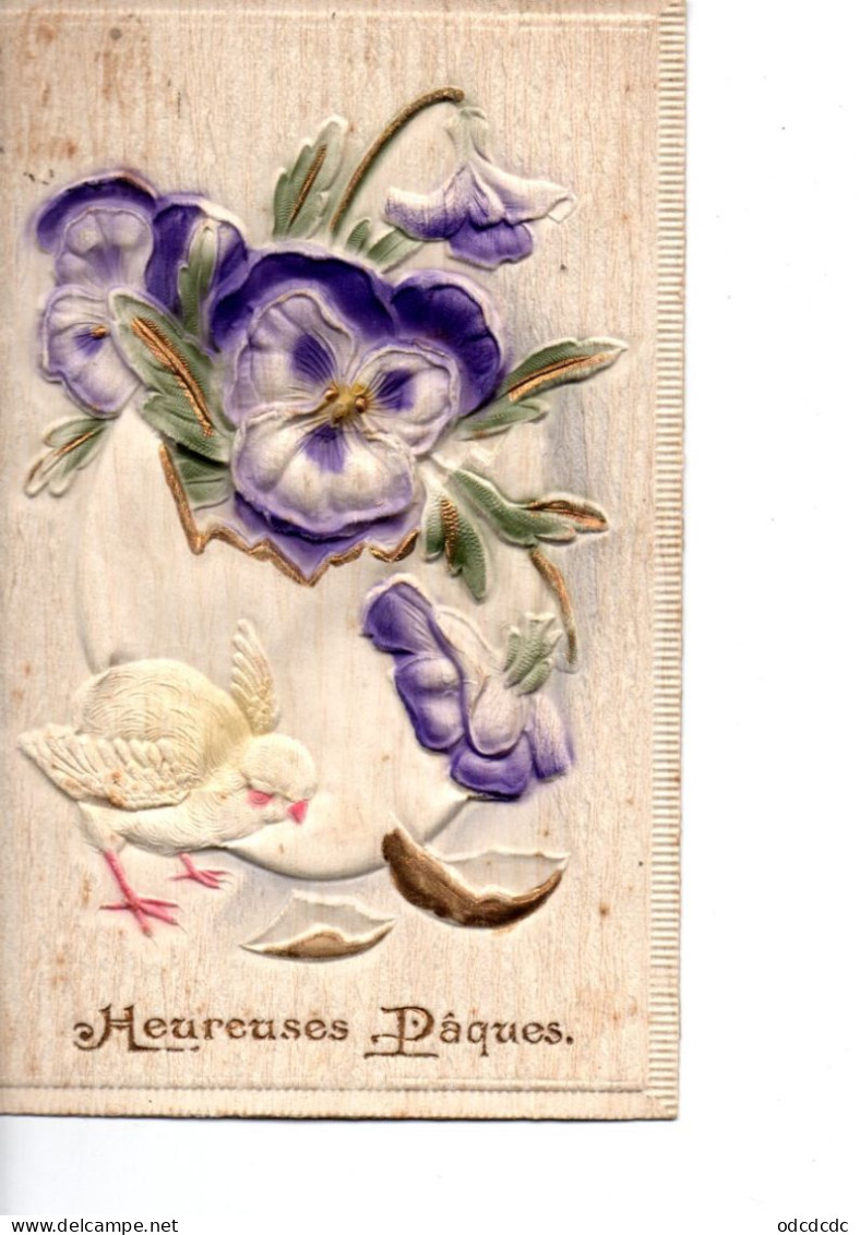 Carte Gaufrée Heureuses Paques Poussin Oeuf Pensées RV - Pâques