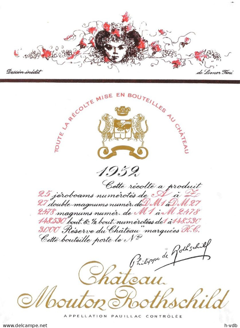ÉTIQUETTE "CHÂTEAU MOUTON ROTHSCHILD 1952" - Originale. - Bordeaux