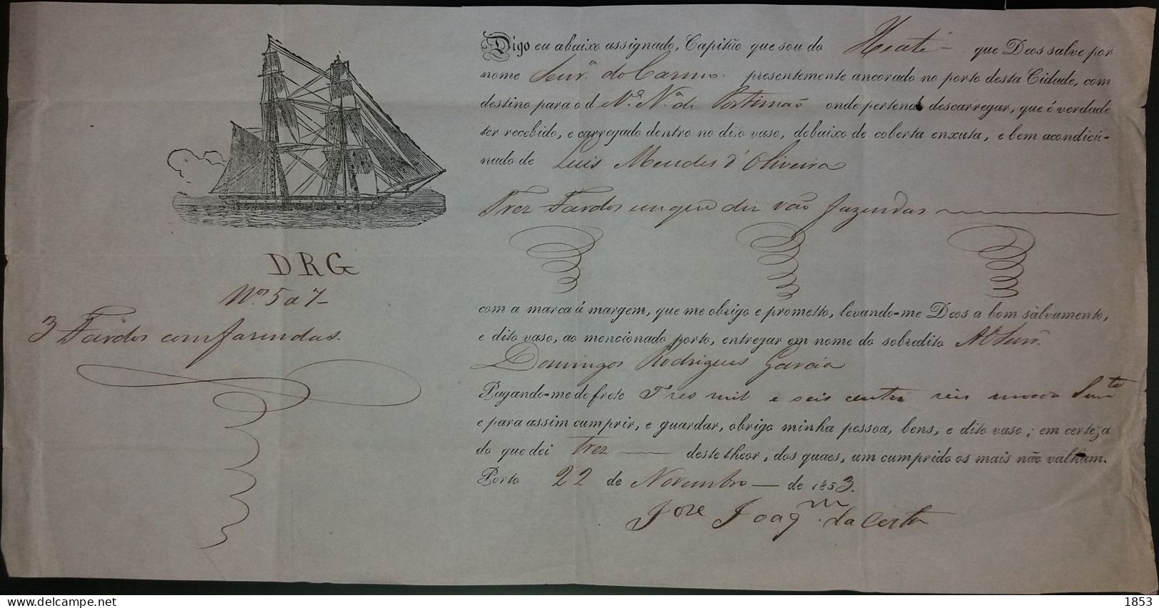 CORREIO MARITIMO - CONHECIMENTO DE EMBARQUE - 22 NOV 1853 - Covers & Documents
