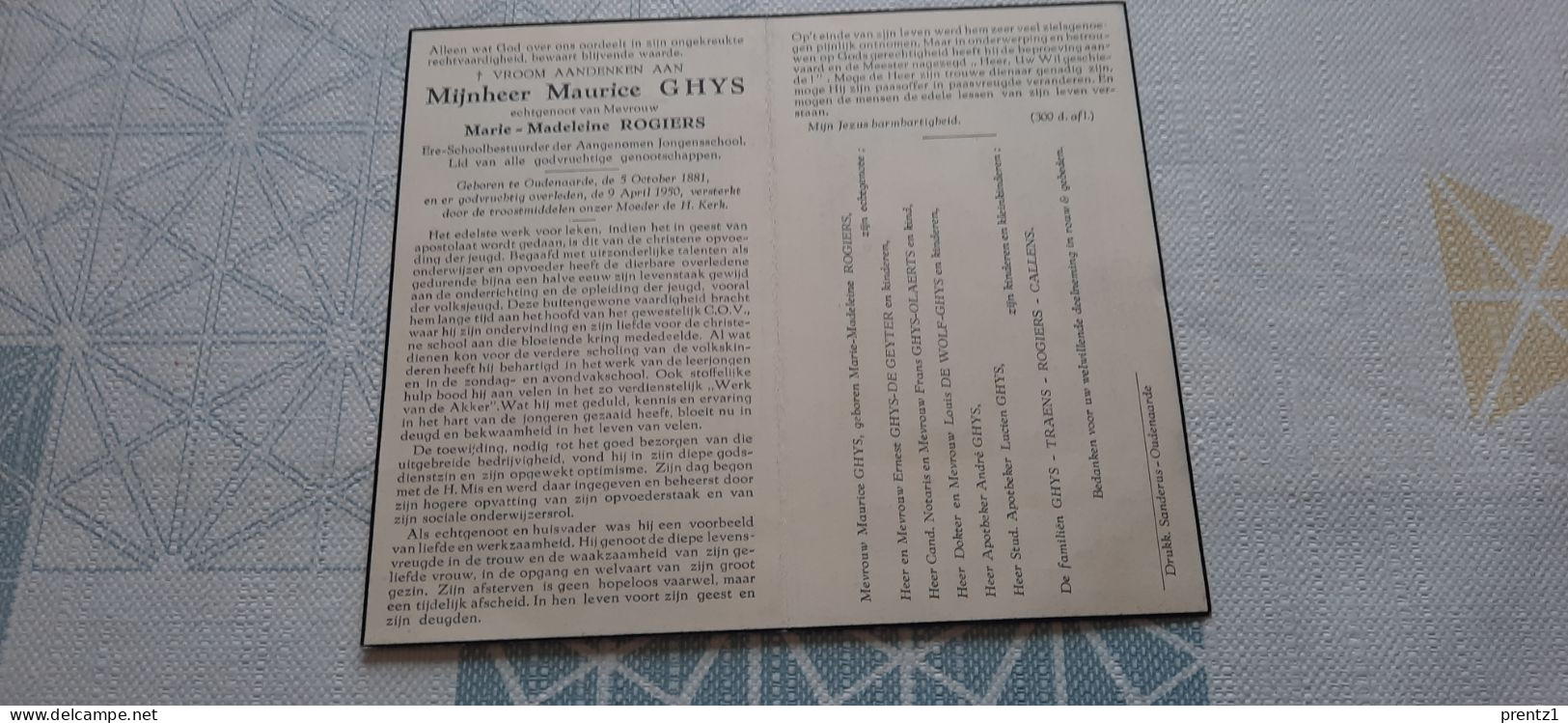 Maurice Ghys Geb. Oudenaarde 5/10/1881- Getr. M. Rogiers- Gest. 9/04/1950 - Andachtsbilder