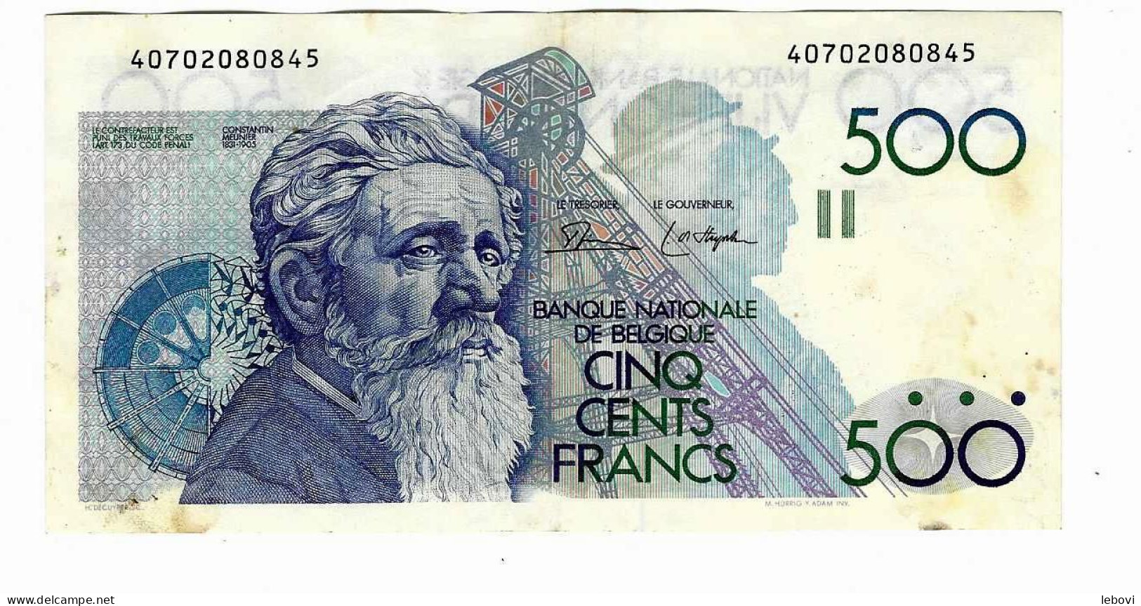 BELGIQUE  500 Francs CONSTANTIN MEUNIER - 500 Francs