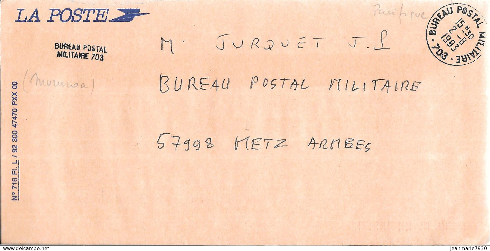 P296 - LETTRE DU BUREAU POSTAL MILITAIRE 703 ( MIRUROA ) DU 02/08/93 POUR METZ ARMEES - Militärstempel Ab 1900 (ausser Kriegszeiten)