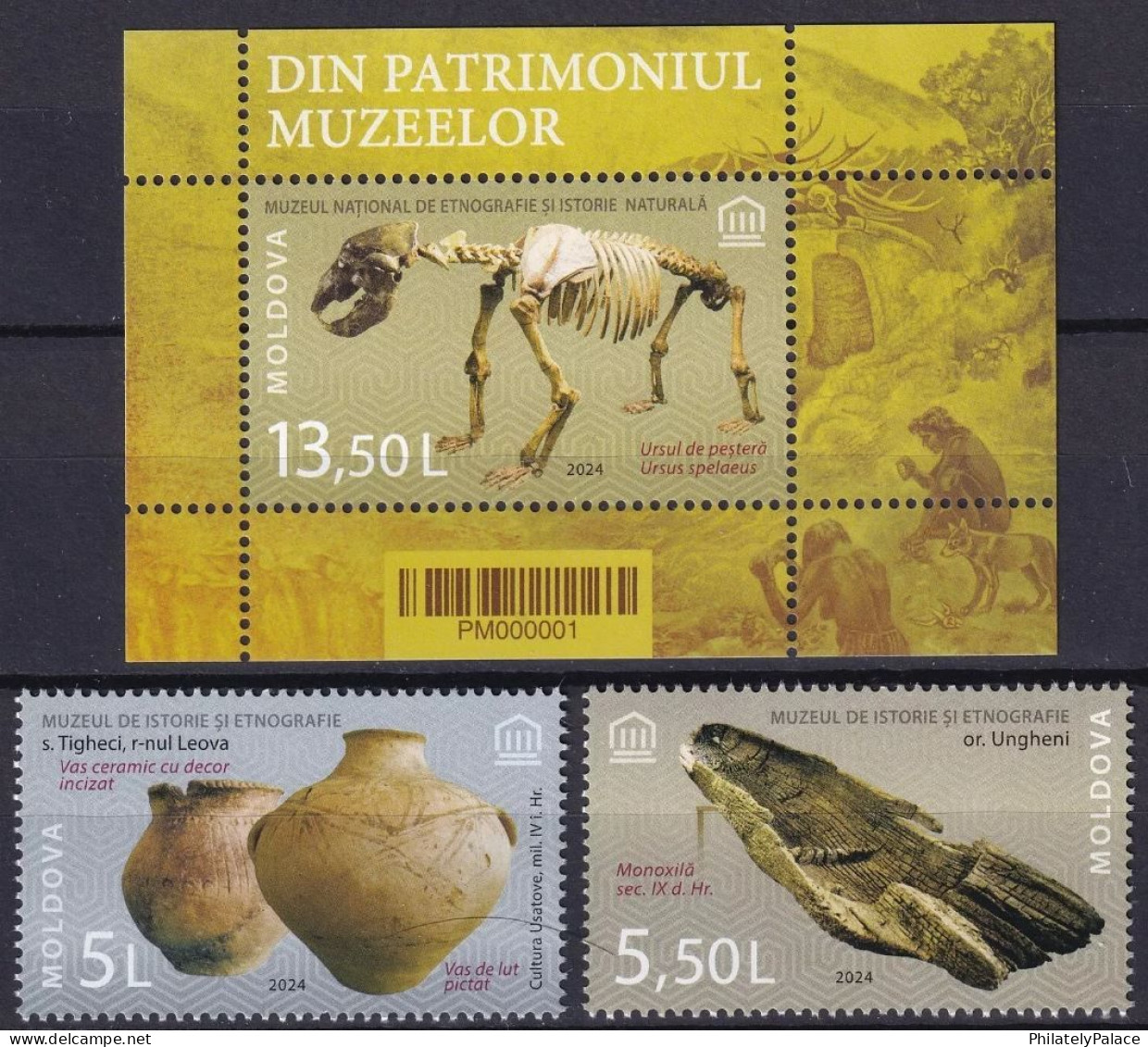 MOLDOVA 2024 Museum Artifacts & Natural History,Cave Bear,Ceramic Bowl,Holy Water Or Oil, 2 Stamps+1 MS MNH (**) - Moldova