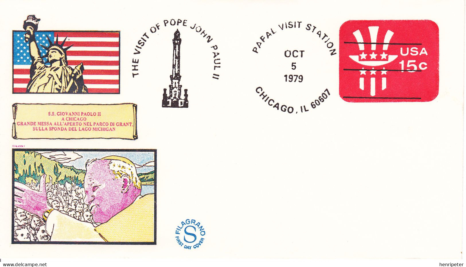 FDC Illustrée Commémorant Le Voyage Du Pape Jean-Paul II Aux États-Unis D'Amérique à Chicago - États-Unis 1979 - 1971-1980