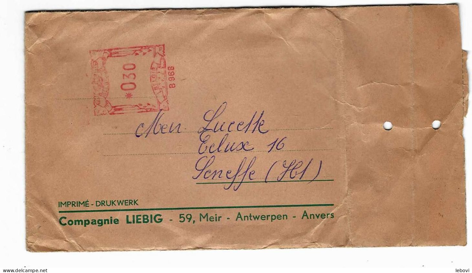 Ancienne Enveloppe Avec Publicité LIEBIG, Anvers Et Produit LEMCO Au Dos (1958) - Werbung