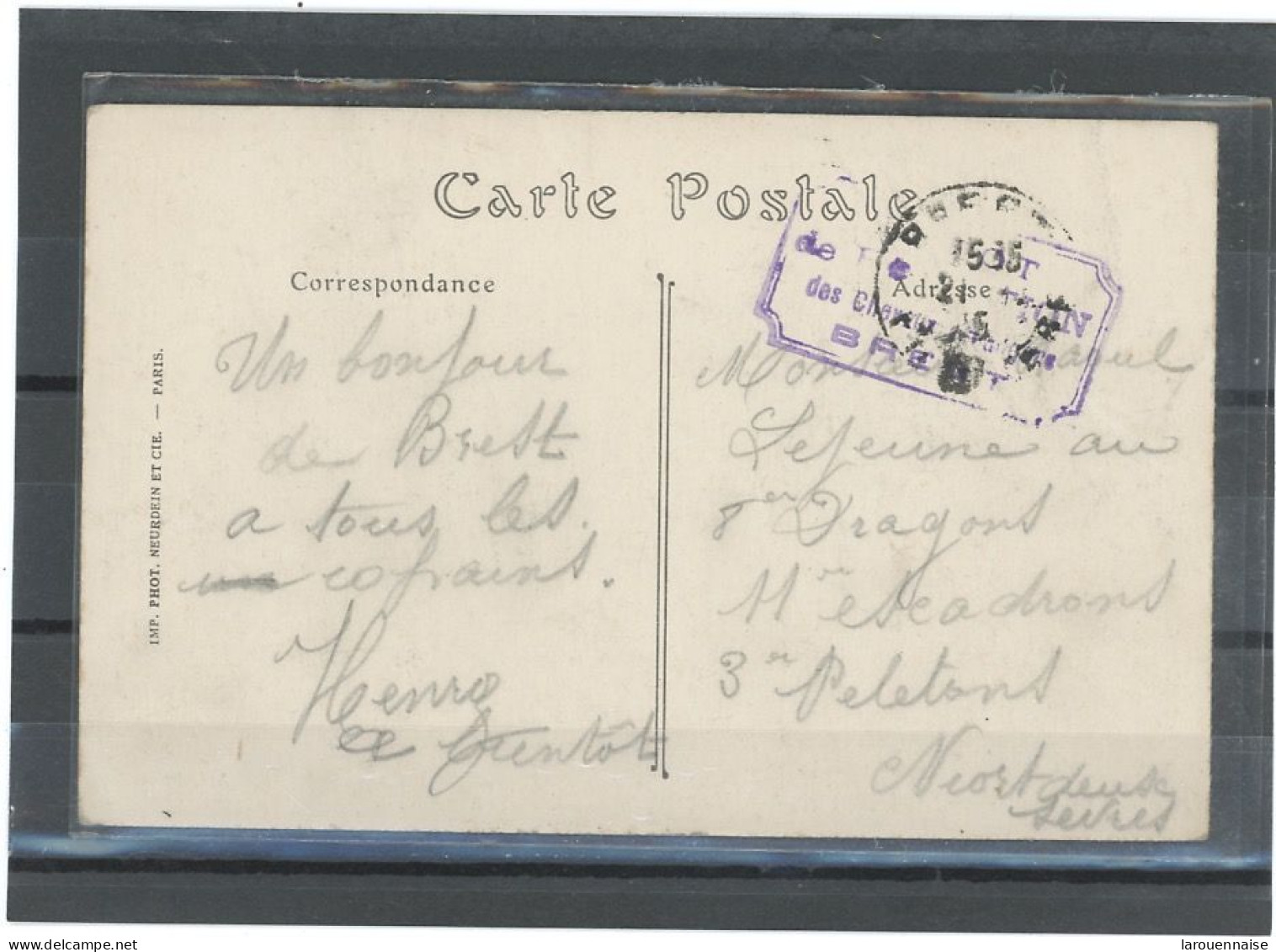 29.BREST.Cachet Tectangulaire42x12 Violet:DEPOT/de RECEPTION/des Chevaux étrangers/BREST - Guerra Del 1914-18