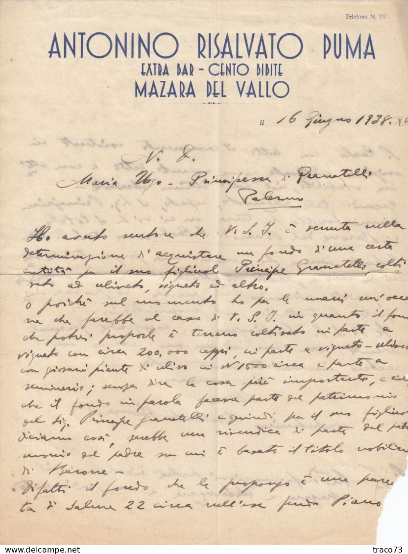MAZARA DEL VALLO   _ 1938  /  Lettera " ANTONINO RISALVATO PUMA " Extra Bar - Cento Bibite _ Firma - Italie