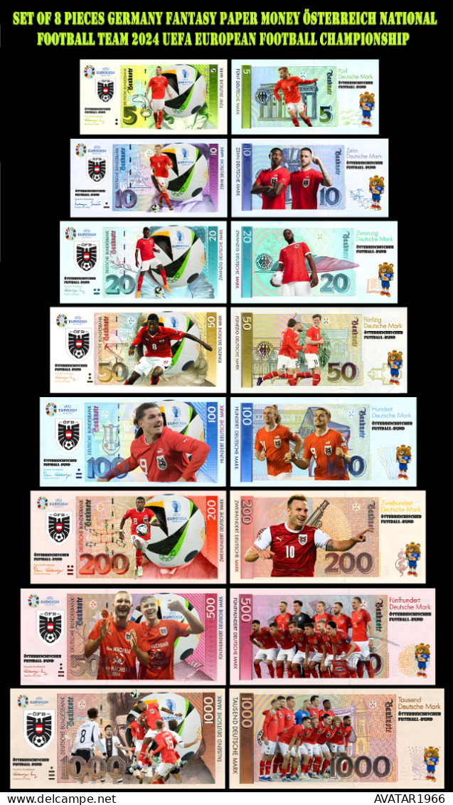 UEFA European Football Championship 2024 Qualified Country Österreich 8 Pieces Germany Fantasy Paper Money - Gedenkausgaben