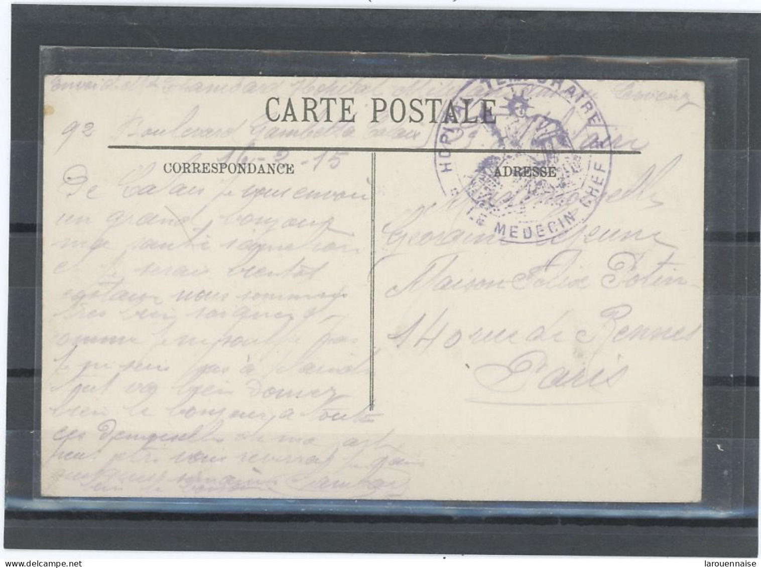 CACHET MILITAIRE -62 CALAIS  /CP FRAPPE TTB-DOUBLE CERCLE,  VIOLET 38mm- HOPITAL .TEMPORAIRE /*LE MEDECIN CHEF* - Guerra De 1914-18