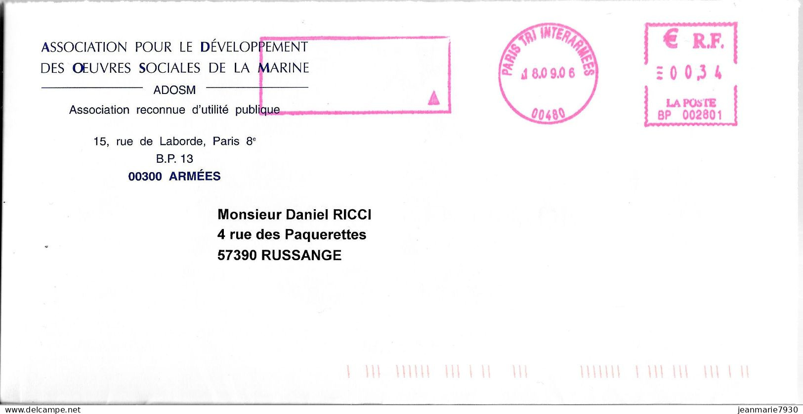 P293 - LETTRE DE PARIS TRI INTERARMEES DU 08/09/06 - OEUVRES SOCIALES DE LA MARINE ADOSM - BP 002801 - Military Postmarks From 1900 (out Of Wars Periods)