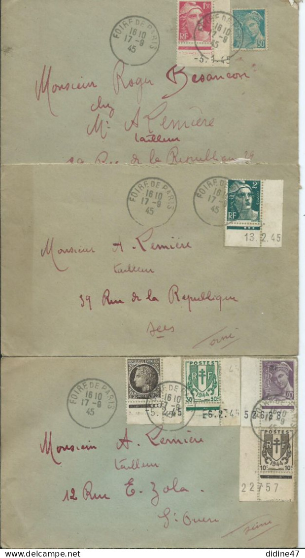 FRANCE - TIMBRE A DATE FOIRE DE PARIS 1945 -lot De 3 Documents - Cachets Manuels